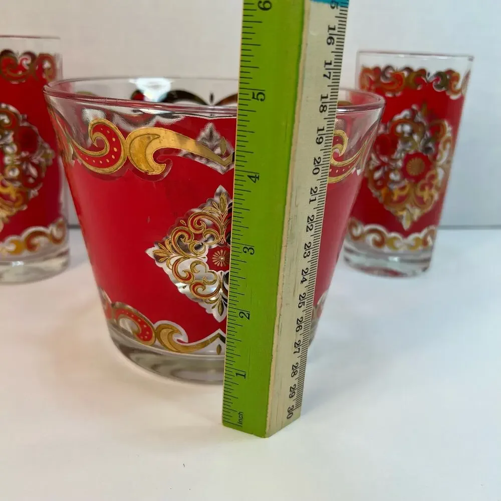 Starlyte Culver Red & 24K Gold Baroque Medallion Cocktail Ice Bucket & 2 Gasses